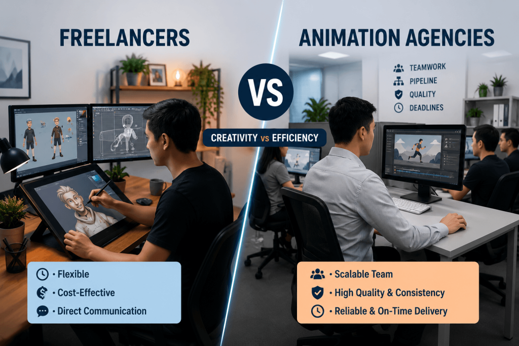 Freelancer vs animation agency workspace comparison for businesses in the USA.